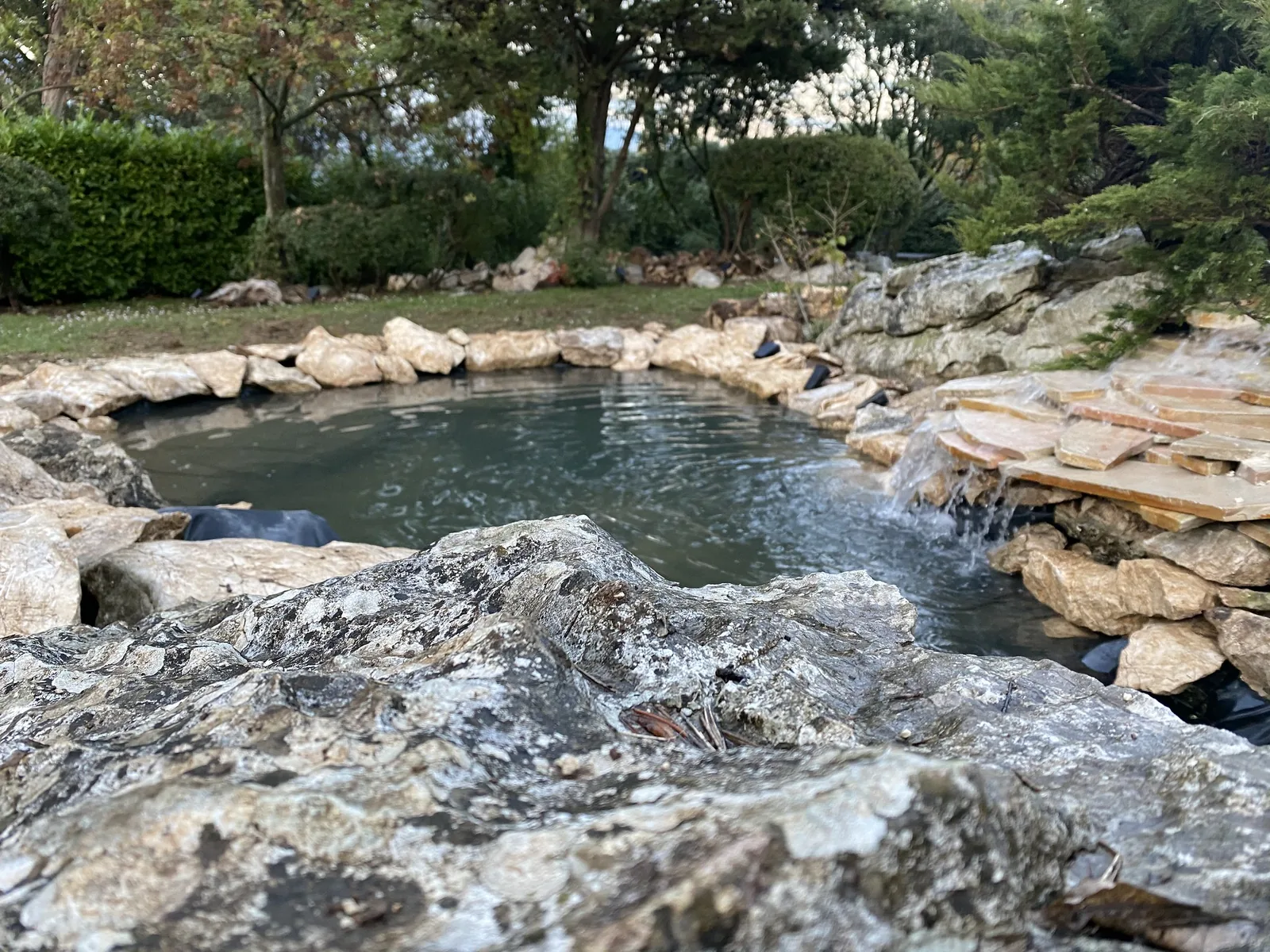 Bassin paysager bordé de roches